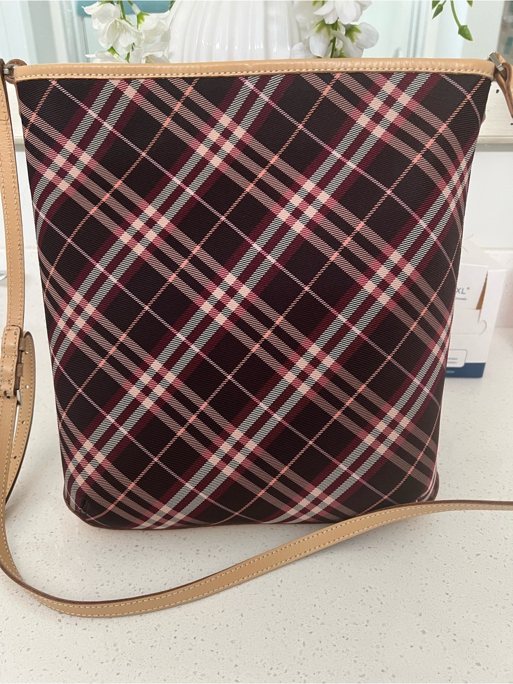 Burberry Brown and Burgundy Nova Check Crossbody Bag with Tan Trim